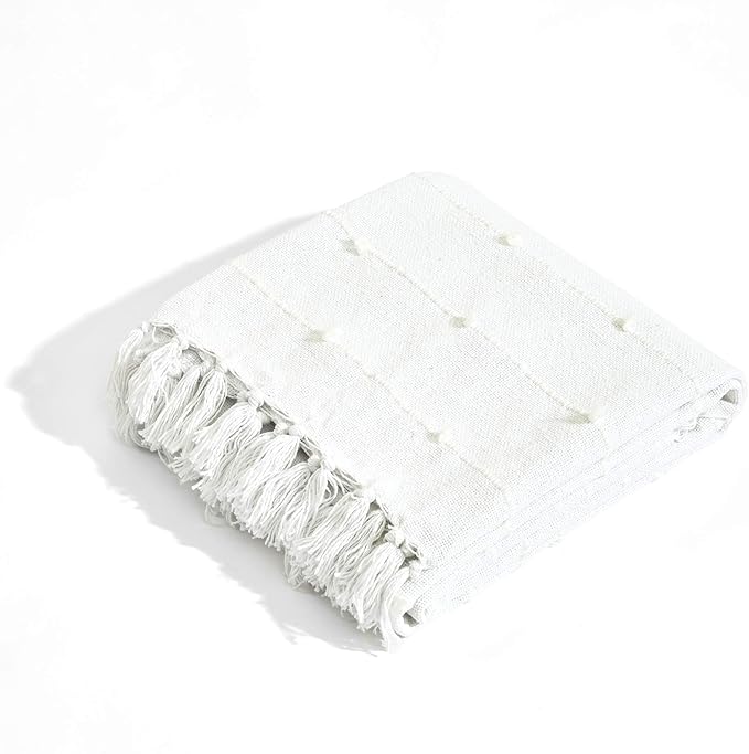 Lush Decor Boho Tufted Cotton Woven Tassel Fringe Throw Blanket, White 60" x 50"