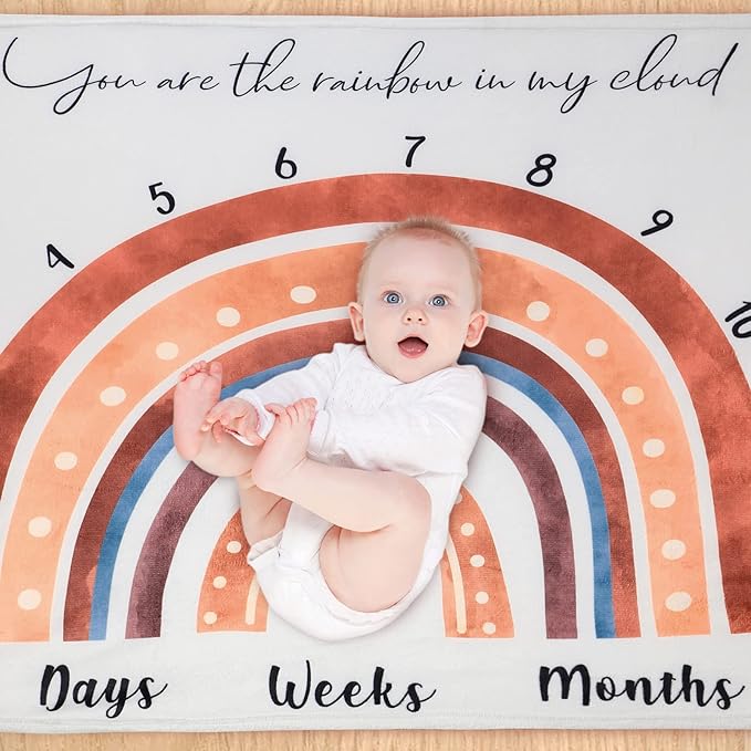 Tegeme Boho Rainbow Monthly Milestone Blanket Rainbow Newborn Boy Girl Unisex Milestone Blanket Muted Baby Monthly Picture Infant Growth Photography Background Nursery Photo Prop 40 x 50 Inch