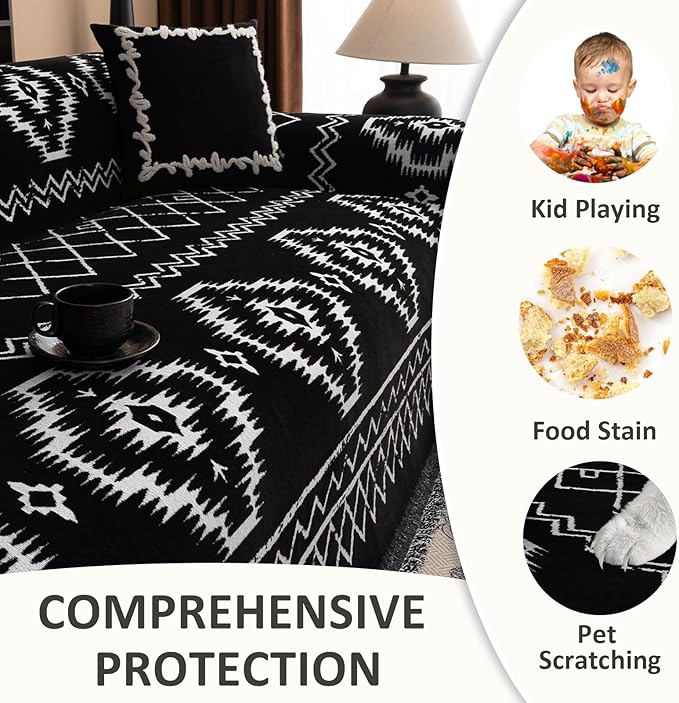 VClife Boho Couch Cover Chenille Sofa Cover for Sectional Sofa, Non Slip Couch Covers for 3 Seater Sofa Pet Friendly Sofa Protector with Tassel, Tribal Pattern Couch Slipcover, Black, 71"X150"