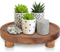 Demigo 10" Acacia Wood Round Tray - Decorative Plant Stand, Farmhouse Countertop Organizer, Multi-Purpose Display Pedestal, Riser Board for Soap, Perfume, Candles, Sponge, Bathroom, Kitchen