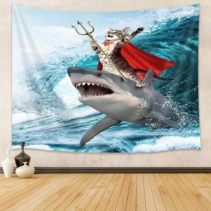 Viajar Cat Riding Shark Tapestry, Japanese Style Wall Art, Bedroom Aesthetic, Funny Cat Tapestry for Kids, 60X40 Inch