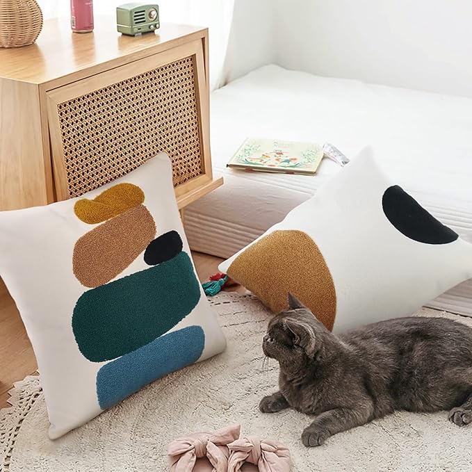 JASEN Boho Throw Pillow Covers 18x18, Modern Soft Neutral Decorative Pillow Covers, Bohemian Abstract Geometric Square Pillow Case for Sofa Bedroom Living Room
