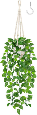 USLAI Fake Hanging Plant, Artificial Pothos Vines Greenery with Pot and Macrame Plant Hanger for Indoor Outdoor Boho Decor