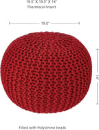 · REDEARTH · Round Pouf Ottoman - Hand Knitted Cable Boho Poof - Foot Stool Bean Bag - Home Décor Stuffed Footrest for Living Room - Nursery - Bedroom - 100% Cotton Poufs (19.5"x19.5"x14") - Red
