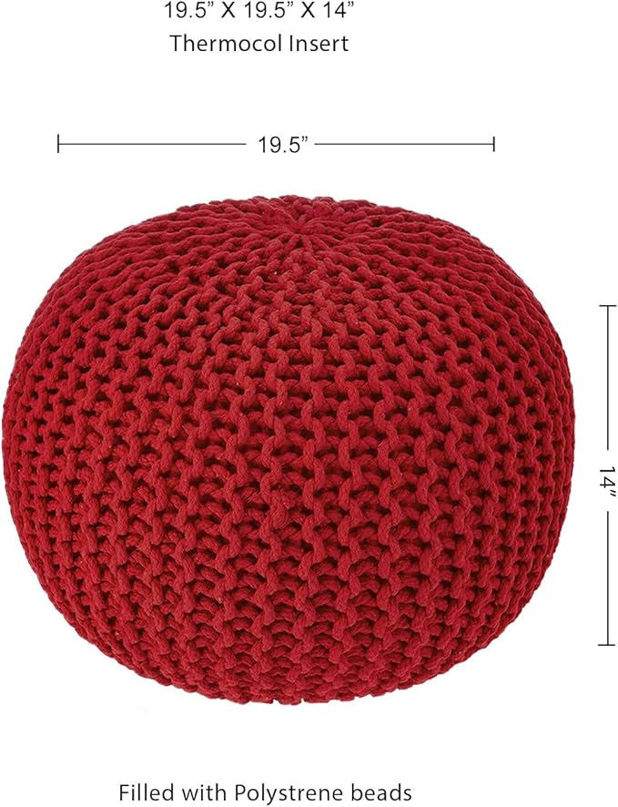 · REDEARTH · Round Pouf Ottoman - Hand Knitted Cable Boho Poof - Foot Stool Bean Bag - Home Décor Stuffed Footrest for Living Room - Nursery - Bedroom - 100% Cotton Poufs (19.5"x19.5"x14") - Red