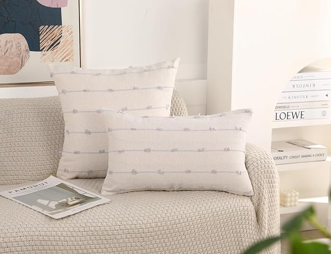 Set of 2 Boho Throw Pillow Covers 20x20,Stone Grey and White Neutral Couch Pillow Case with Tassel Fringe Decorative,Modern Accent Farmhouse Cushion Covers for Sofa Couch Bed Living Room