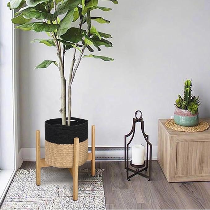 Wicker Plant Basket Indoor, 8"x8"x8" Jute Spliced Cotton Rope Basket Planter up to 7" Pot, Modern Woven Flower Tree Pots Cover, Small Floor Indoor Planters, Home Decor Storage Bin