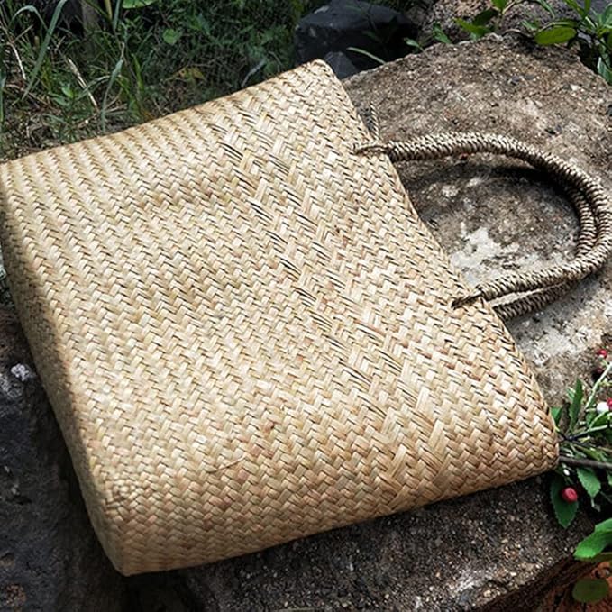 Cabilock Woven Tote Woven Bag Basket Tote Wicker Bag Seagrass Basket Garden Plant Container for Storage Laundry Picnic Beach Storage Bins Toys
