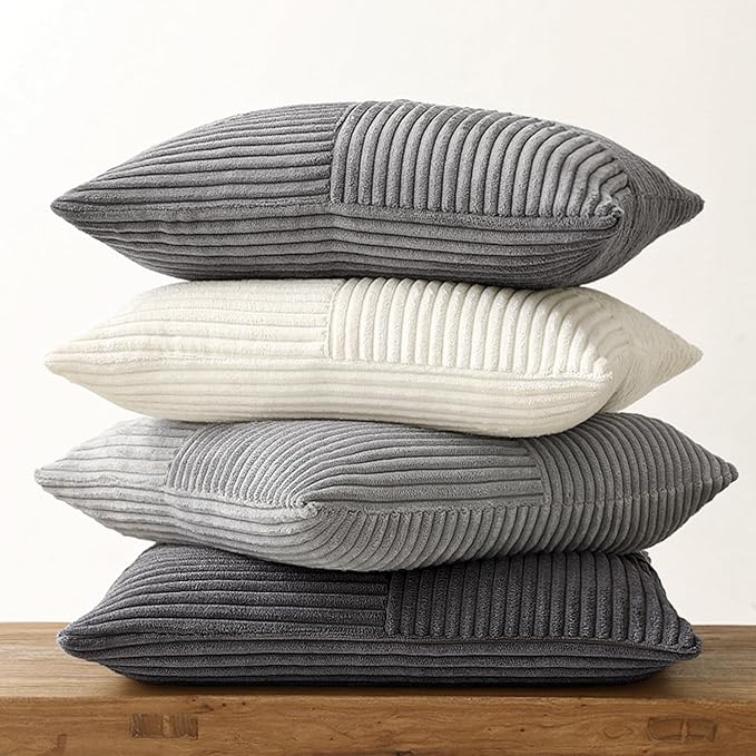 MIULEE Neutral Grey Decorative Throw Pillow Covers 20x20 Inch Set of 4 Modern Farmhouse Corduroy Cushion Cases Striped Patchwork Pillow Cases for Couch Sofa Bedroom Home Decor