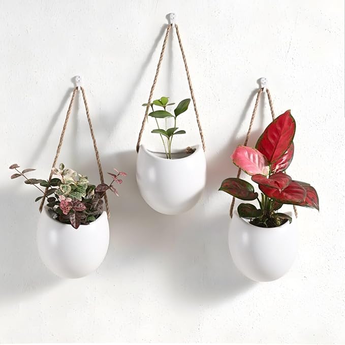 Set of 3 Ceramic Hanging Planters for Small Plants & Artificial Greenery, Wall Decor for Bathroom Living Room Bedroom Home Office Corridors