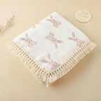 Little Jump Cotton Muslin Swaddle Blankets with Tassel, Boho Bohimia Muslin Baby Blanket Neutral with Fringe, Vintage Teddy Bear Nursery Decor Muslin Throw Blanket 47" x40" (Bunny)