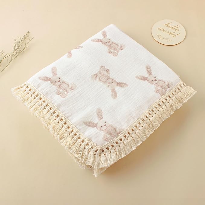 Little Jump Cotton Muslin Swaddle Blankets with Tassel, Boho Bohimia Muslin Baby Blanket Neutral with Fringe, Vintage Teddy Bear Nursery Decor Muslin Throw Blanket 47" x40" (Bunny)