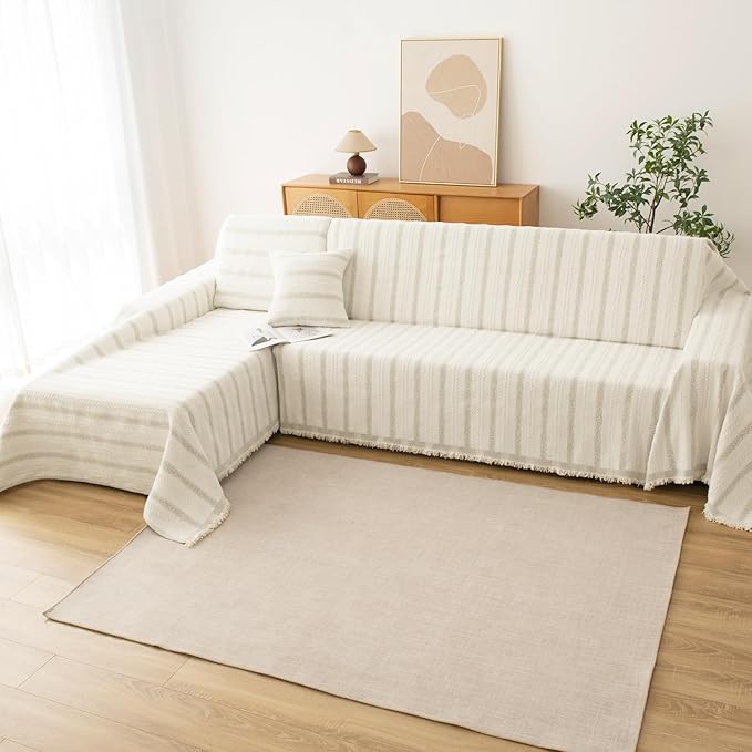 Couch Cover for Dogs, Boho Sofa Covers for 3 Cushion Couch, Chenille Sofa Slipcover for Pets Washable, L-Shape Sectional Loveseat Cover Soft Throw Blankets with Tassels(91x118,Striped Beige)