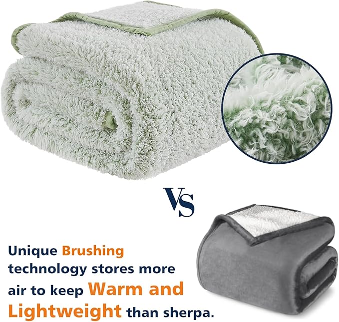 EMME Soft Sherpa Fleece Blanket Reversible Plush Fluffy Large Blanket, Light Weight Warm Decorative Boho Blanket Cover for Sofa, Couch, Bedroom,Travel(Plush Sage,108"x90")