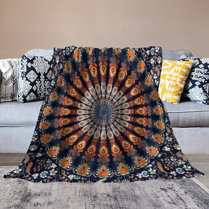 Indian Hippie Bohemian Throw Blanket Beautiful Peacock Mandala Blanket for Sofa Bed Couch Chair Or Dorm 50"x60"