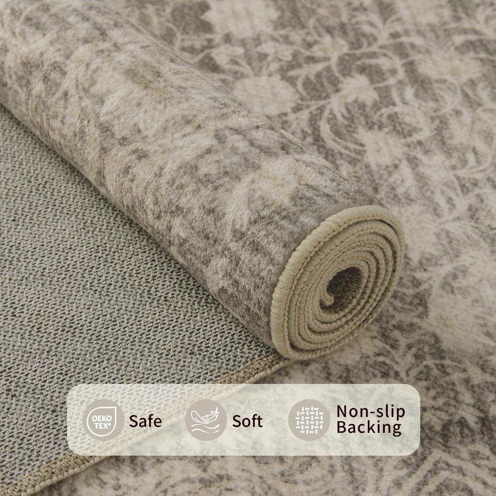 8x10 Washable Area Rug for Living Room, Extra Large Neutral Vintage Boho Rugs for Dining Room, Kids Room, Farmhouse, Durable Low Pile Non Slip Carpet for High Traffic Areas, Apricot - color: Apricot, size: 8' x 10' (Rectangular)