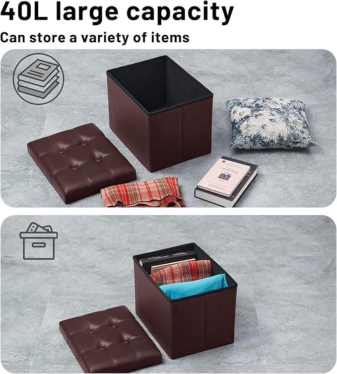 Storage Ottoman Foot Rest Stool, Small Leather Storage Ottomans Bench, Folding Footstool with Side Pockets, Foot Rest Under Desk for Living Room Bedroom, 16x12x12 in, Brown 2 Pack
