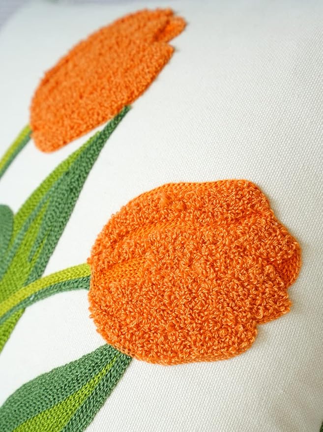 vctops Farmhouse Tulip Cotton Tufted Throw Pillow Cover Spring Floral Embroidery Pillowcase Soft Square Cushion Case for Sofa Couch Bed Chair (Orange,18"x18")