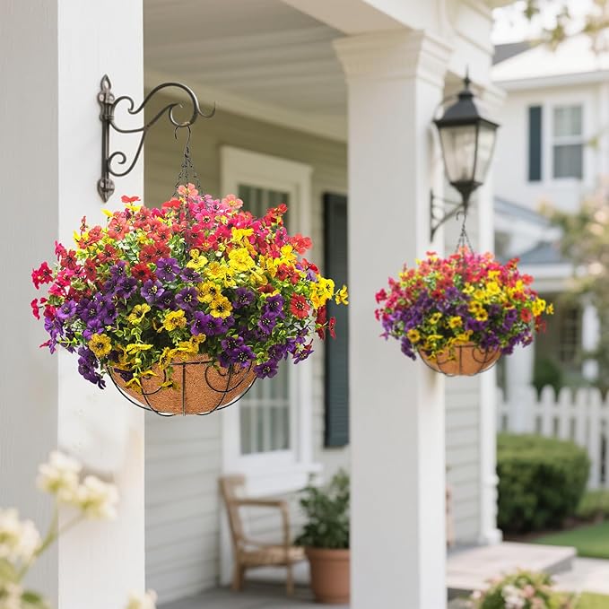 2 Set Artificial Outdoor Flowers with Hanging Basket, 2 Hanging Planters with 24 Pcs Flowers for Spring Summer Front Porch Garden Patio Home Decor
