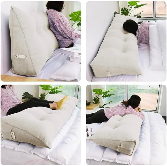WOWMAX Headboard Pillow Triangular Bed Wedge Pillow for Headboard Large Bolster Pillow for Bed with Removable Cover, 80% Cotton & 20% Linen Blend, Pure White