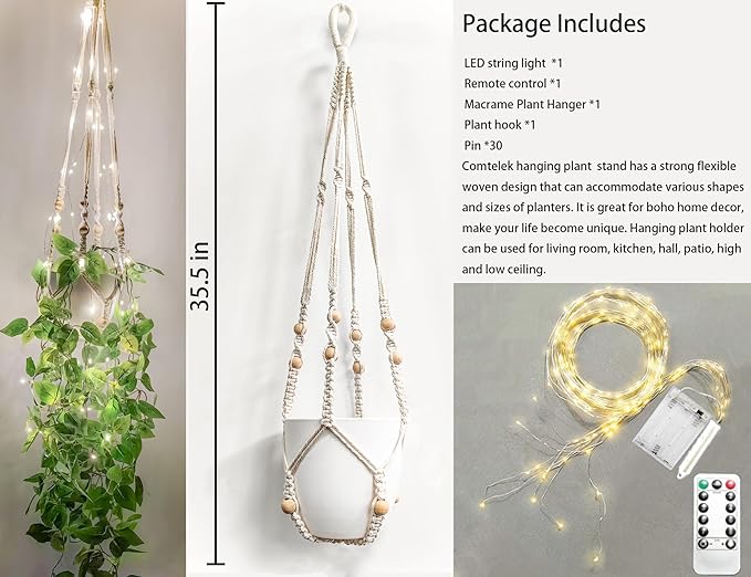 Comtelek Hanging Planter with Lights Indoor Macrame Plant Hanger Basket with Wood Beads Flower Pot Holder No Tassels for Boho Home Window Decor 35 Inch, Ivory (POTS NOT Included)