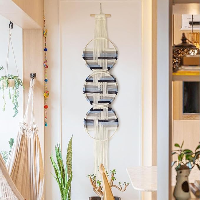 Macrame Wall Hanging Fiber Wall Art Woven Bohemian Decor Art Living Room Round Handmade Geometric Lines Home Décor