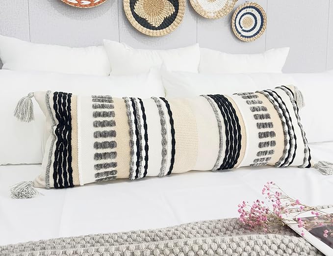 Chenille and Cotton Long Pillow for Bed, Striped Textured Boho Lumbar Throw Pillow Cover 16x36, Neutral Accent Decorative Extra Long Body Pillow Case for Couch, Sofa, Bedroom, Grey