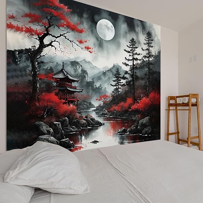 Atrippy Extra Large Anime Wall Tapestry for Bedroom Aesthetic, Black Forest Japanese Moon Tapestry Wall Hanging, Vintage Nature Mountain Art Decor Tapestries Dark Landscape Backdrop for Living Room 71"X90"
