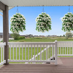 INQCMY Artificial Hanging Flowers in Basket for Patio Garden Decoration,Faux Silk Violet in Planter UV Resistant Realistic for Outside Home Porch Balcony Yard Decor(White)