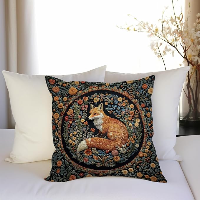 YOU FOUND ME William Morris Abstract Vintage Floral Velvet Fox Design Throw Pillow Covers Home Decor, Retro Art Decor Pillowcase Cushion Cover for Bed Sofa Living Room, Square 18x18inch (Fox)