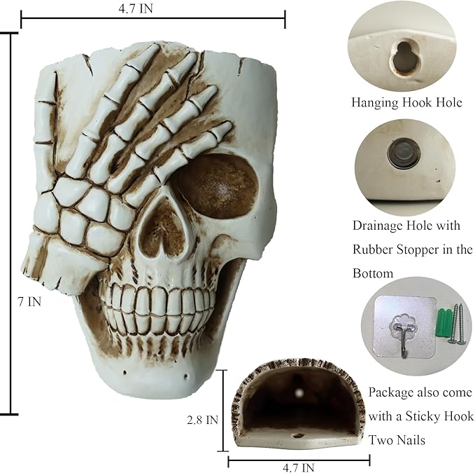Skull Wall Planter for Home Décor, Resin Skeleton Gothic Planter for Indoor Outdoor Plants Decorations, White Hanging Skull Vase Unique Spooky Face Flower Pot Head Planters