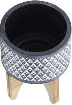 Aztec Decorative Planter Pot on Wooden Stand – Ceramic Stoneware Outdoor & Indoor Plant Pot with Gray Geometric Pattern – Modern Garden & Home Decor Ceramic Planters – 6", Gray