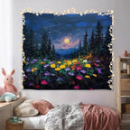 Moon and Wildflower Forest Wall Tapestry,Dark Moody Night Landscape Wall Tapestry, Oil Painting Style Soft Flannel Banner Decor for Bedroom,Dorm Living Room, Aesthetic Home Artwork 59x51 inch(Blue-Moon and Flower)