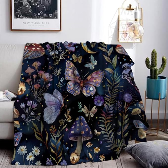 Celestial Witch Garden Throw Blankets Butterfly Moon Flower Fleece Throw Blanket,Dark Botanical Floral Plant Boho Cozy Decor Nap Blankets for Sofa Bed Couch Chair or Dorm Throws 70"x80"