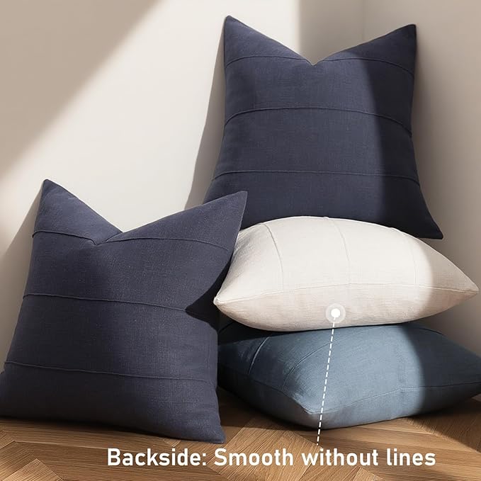ZWJD Decorative Linen Throw Pillow Covers 16x16 Set of 2 Solid Handcrafted Striped Cushion Covers for Bed Soft Modern Farmhouse Neutral Pillowcase for Couch Bedroom Living Room Home Decor(Dark Navy)