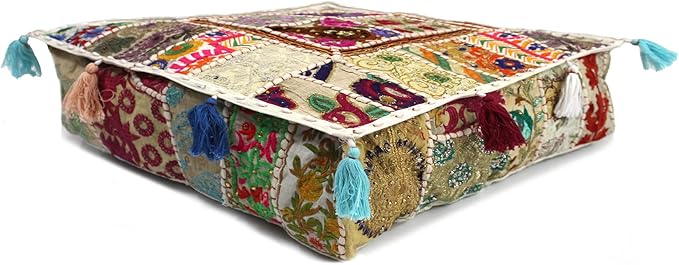 Mam Treasures Indian Bohemian Decorative Pillow Vintage Cushion Cover Patchwork Square Floor Pillow Cover Meditation Cushion Large Floor Pillow Indian Cushion (White, 16 X 16 X 5 Inch)