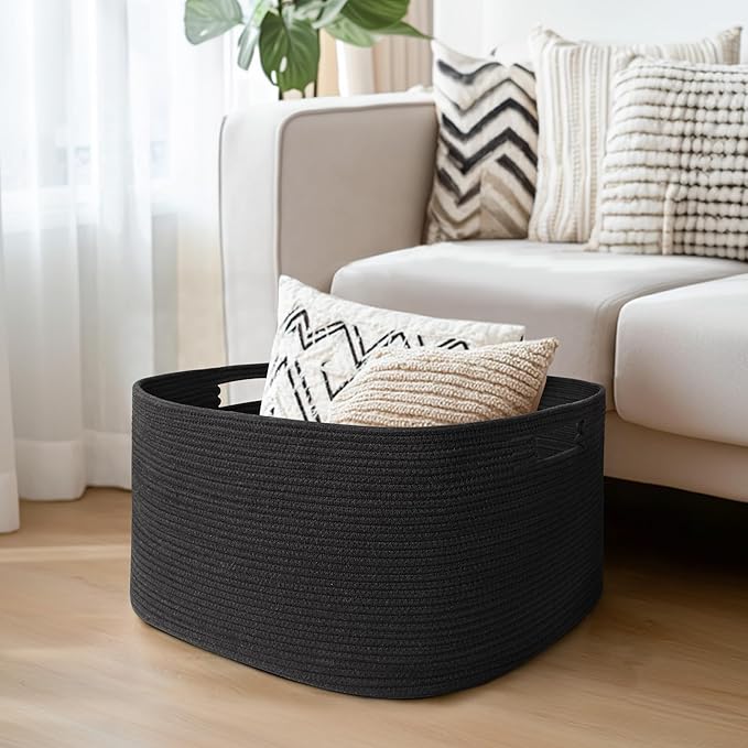 Black Basket for Blankets, 75L Large Woven Blanket Storage for Living Room, Cotton Rope Baskets for Organizing, Kids Dog Toy Bin Box, Rectangle Pillow Holder Organizer, 22”x17”x12”