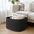 Black Basket for Blankets, 75L Large Woven Blanket Storage for Living Room, Cotton Rope Baskets for Organizing, Kids Dog Toy Bin Box, Rectangle Pillow Holder Organizer, 22”x17”x12”
