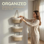 3-Tier Cotton Rope Wall Hanging Storage Baskets, Woven Over The Door Hanging Organizer for Bathroom Bedroom Living Room Nursery, Boho Hanging Shelves for Towels Toys Cosmetics (Beige & White)