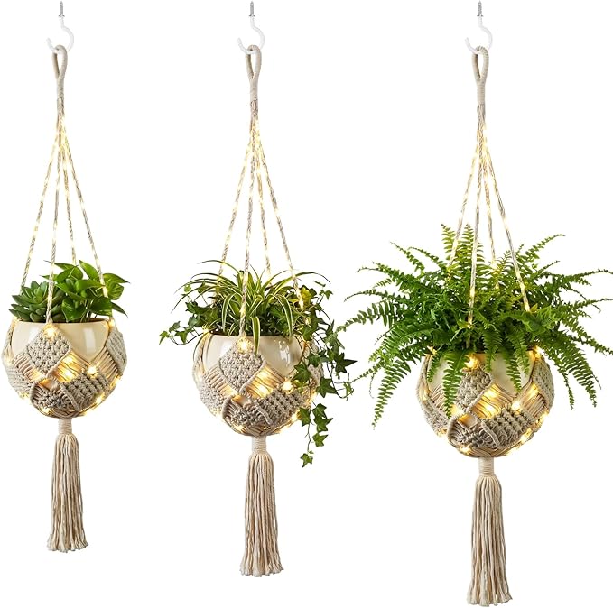 3 Sets Patterned Woven Plant Hanging Baskets with Lights and Hooks, Macrame Plant Hanger, Hanging Planters for Indoor and Outdoor Plants, 3 Sizes of Boho Hangers for Planter Baskets