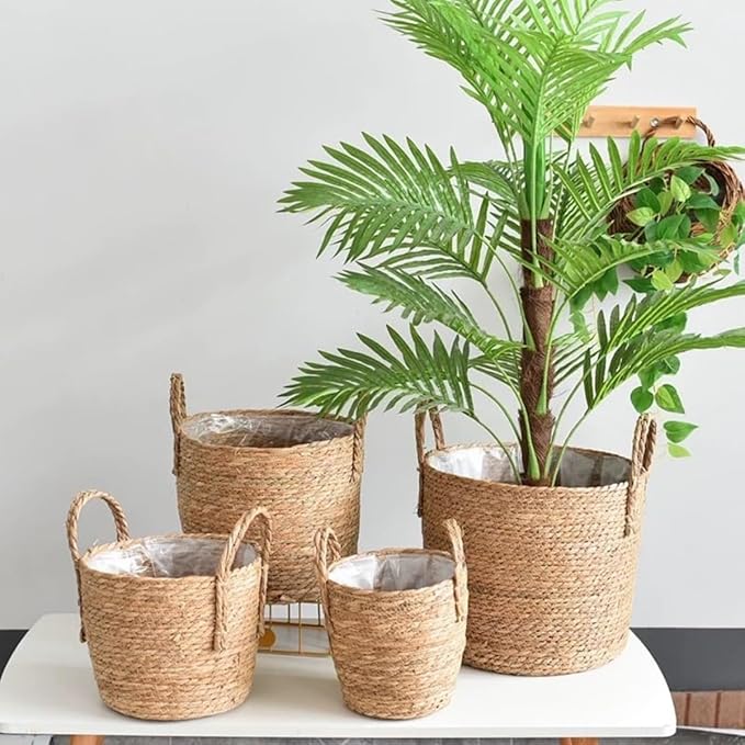 Seagrass Handmade Wicker Planter Basket with Handle for Indoor Plants Pot, 11.8 inch Multipurpose Hand Woven Storage Basket Flower Pot for Home Decor, Living Room Storage Basket (11.81''X10.63'')