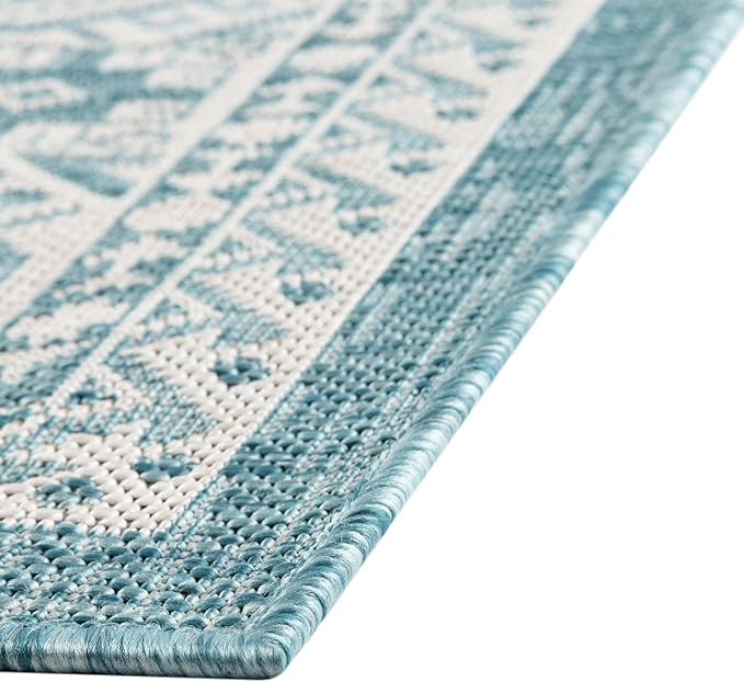 Rugs.com Outdoor Aztec Collection Rug – 10' x 14' Aqua Flatweave Rug Perfect for Living Rooms, Large Dining Rooms, Open Floorplans