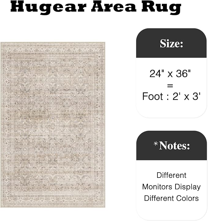 HUGEAR 2x3 Entryway Area Rug Vintage Beige Small Rug Machine Washable Door Mat Retro Floral Low Pile Carpet Vacuumable Distressed Throw Rug Entrance Kitchen Bathroom Bedroom Non Slip Lightweight
