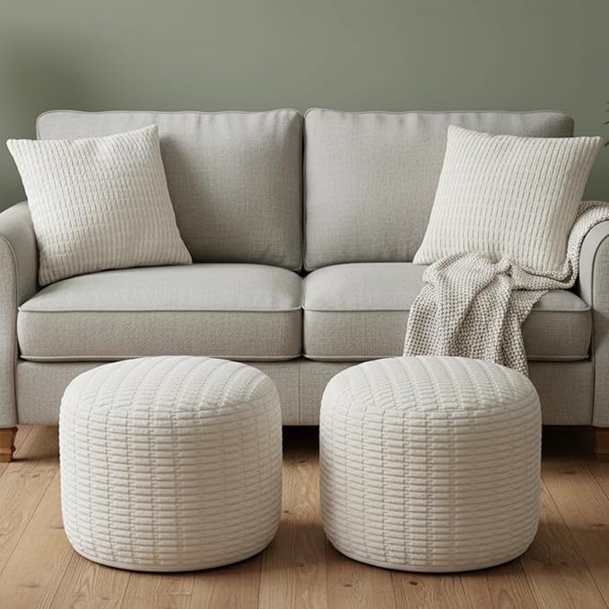 2 Pcs 20 x 15 Inch Unstuffed Ottoman Pouf Cover Corduroy Foot Rest - No Filler, Striped Foot Stool Floor Bean Bag Floor Chair Storage for Modern Farmhouse Bedroom Home Decor(Beige)