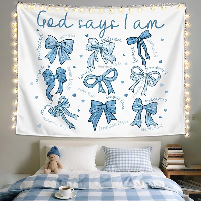 LIANGW Blue Bow Christian Tapestry, Bible Bow Aesthetic for Girls Bedroom for Dorm Room, Inspirational Christian Tapestries for Women, Faith - Based Blue Room Decor Aesthetic 50x60 inch
