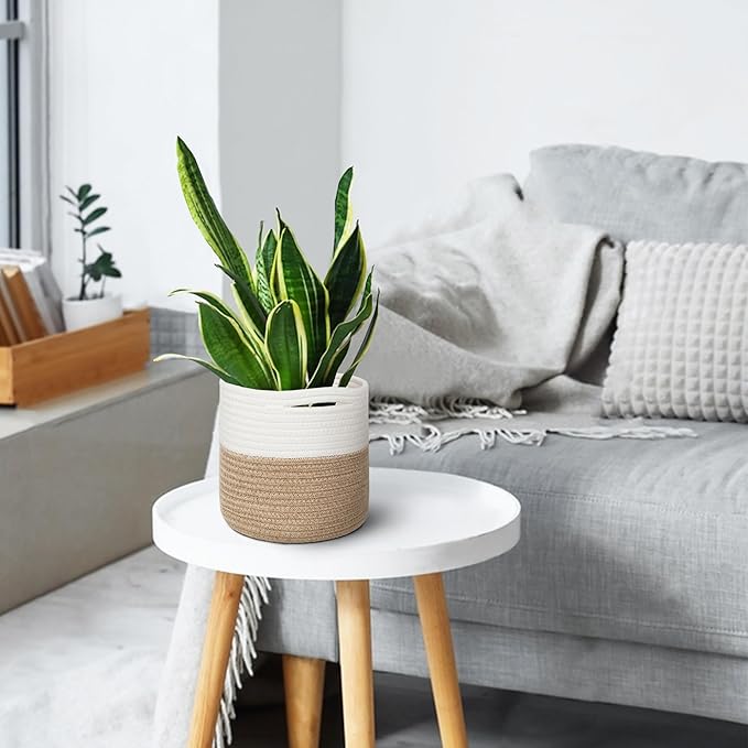 Small Wicker Plant Basket Indoor, 8"x8" Jute Spliced Cotton Rope Basket Planter Up to 7" Pot, Modern Flower Tree Pots Cover, Small Floor Woven Planters, Home Decor Storage Bin