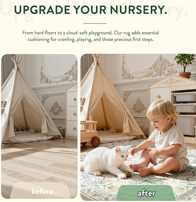 Lahome Sylvie Circle Rug 6ft Beige Floral, Gentle Blossom Print Nursery Round Rug, Machine Washable Kids Carpet for Bedroom, Non-Slip Circular Mat for a Cozy Retreat Nook Decor
