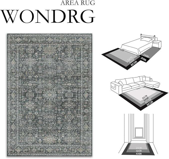 5x7 Washable Area Rug for Living Room Bedroom Vintage Black Grey Soft Low Pile Carpet Traditional Retro Non Slip Throw Rug for Dining Room Entryway Indoor Dorm Kitchen