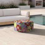 Inflatable Ottoman Stool D21 xH9 for Outdoor/Indoor Use, Water Repellent Patio Foot Rest with Portable Handle,Round Pouf Ottoman Suitable for Garden,Deck and Camping-Flower Bloom