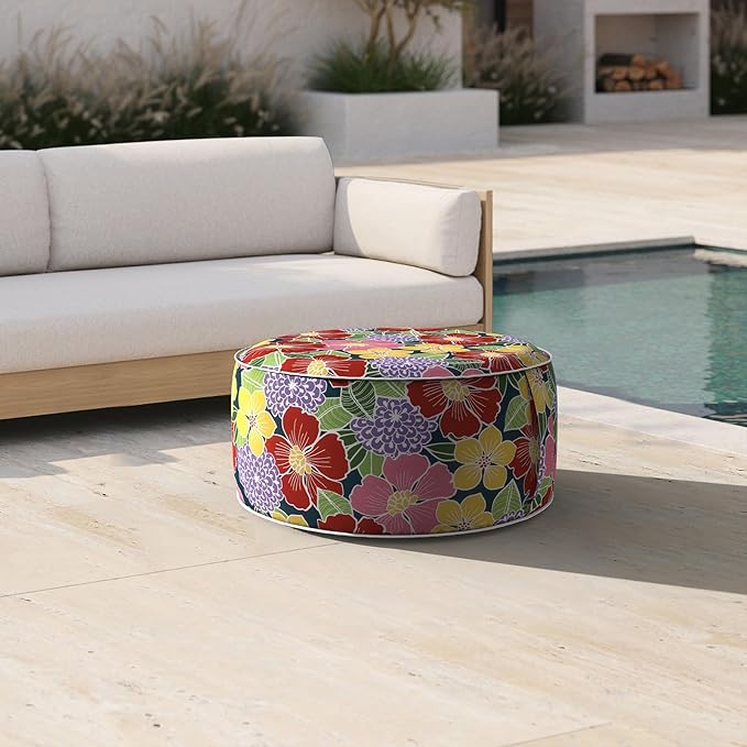 Inflatable Ottoman Stool D21 xH9 for Outdoor/Indoor Use, Water Repellent Patio Foot Rest with Portable Handle,Round Pouf Ottoman Suitable for Garden,Deck and Camping-Flower Bloom